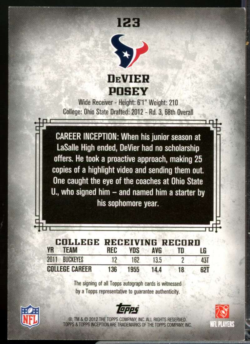 DeVier Posey RC Card 2012 Topps Inception Rookie Autograph #123  Image 2