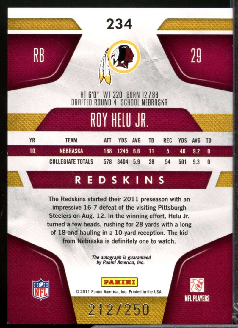 Roy Helu Jr. /250 Card 2011 Certified Mirror Red Autograph #234  Image 2