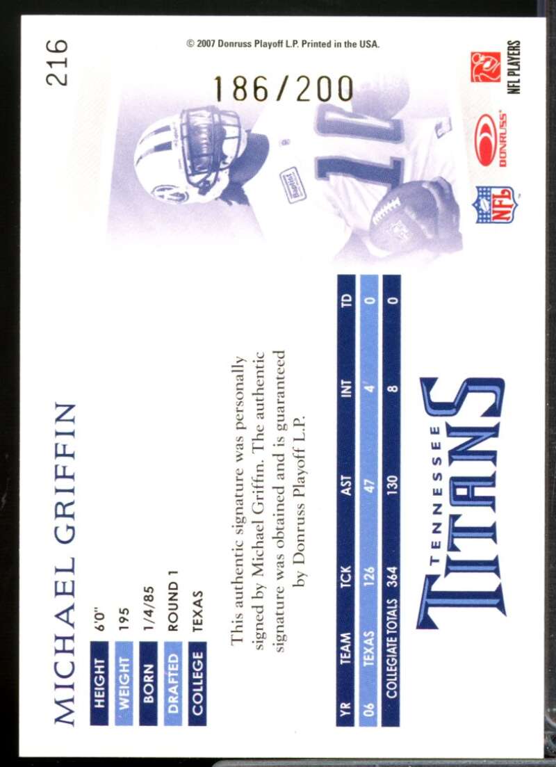 Michael Griffin /200 Card 2007 Donruss Threads Rookie Autographs #216  Image 2