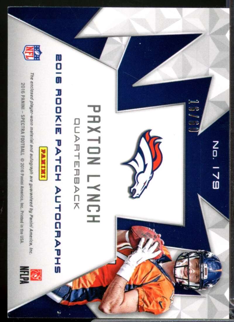 Paxton Lynch Card 2016 Panini Spectra Rookie Jersey Autograph Neon Blue #179  Image 2