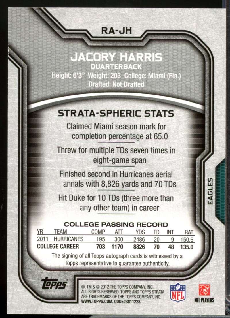 Jacory Harris Card 2012 Topps Strata Rookie Autographs #RAJH  Image 2