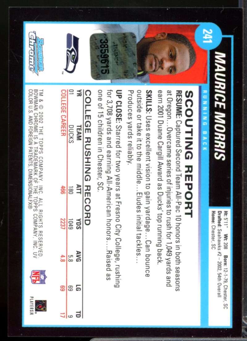 Maurice Morris RC Card 2002 Bowman Chrome Rookie Autograph #241  Image 2