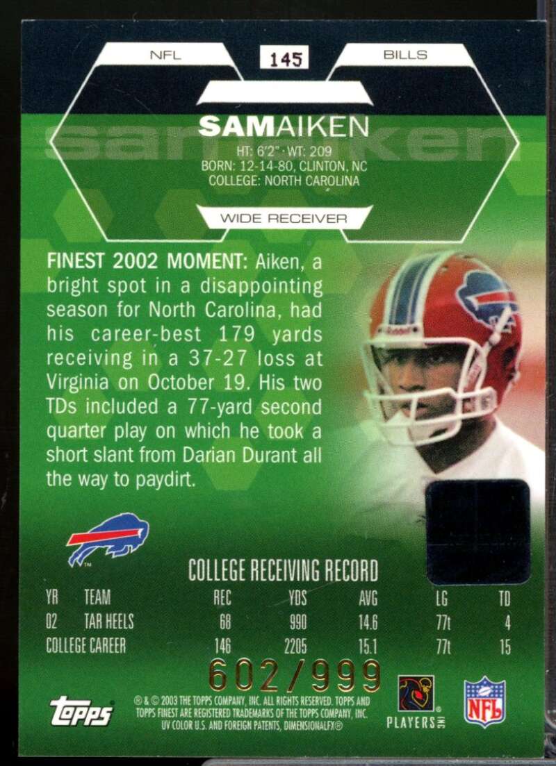 Sam Aiken RC Card 2003 Finest Rookie Autograph #145  Image 2