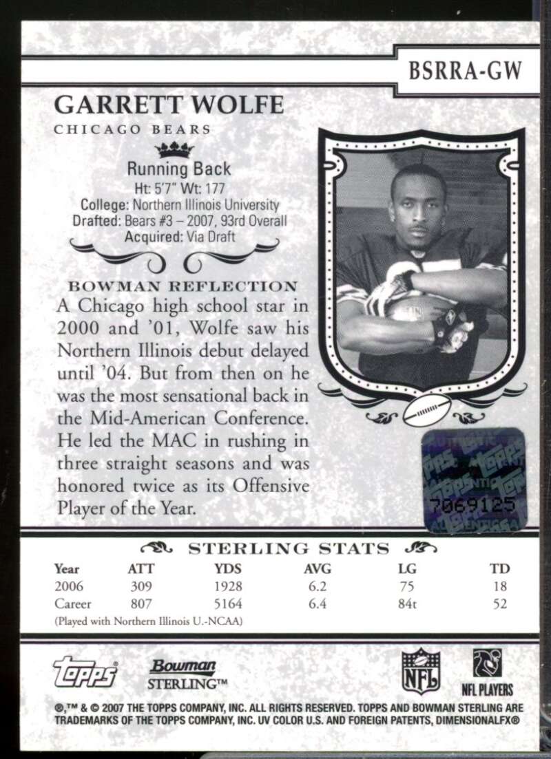Garrett Wolfe RC Card 2007 Bowman Sterling Rookie Jersey Autograph #GW2  Image 2