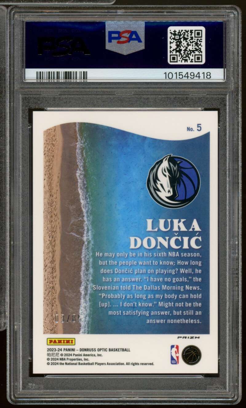 Luka Doncic Card 2022-23 Donruss Optic Splash Blue (4/85) (pop 3) #5 PSA 9 Image 2