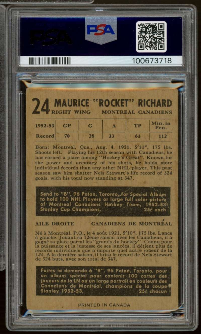 Maurice Richard Card 1953-54 Parkhurst #24 PSA 1 Image 2