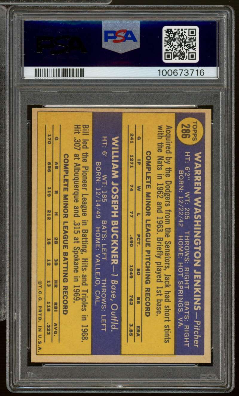 Jack Jenkins / Bill Buckner Rookie Card 1970 Topps #286 PSA 6 Image 2