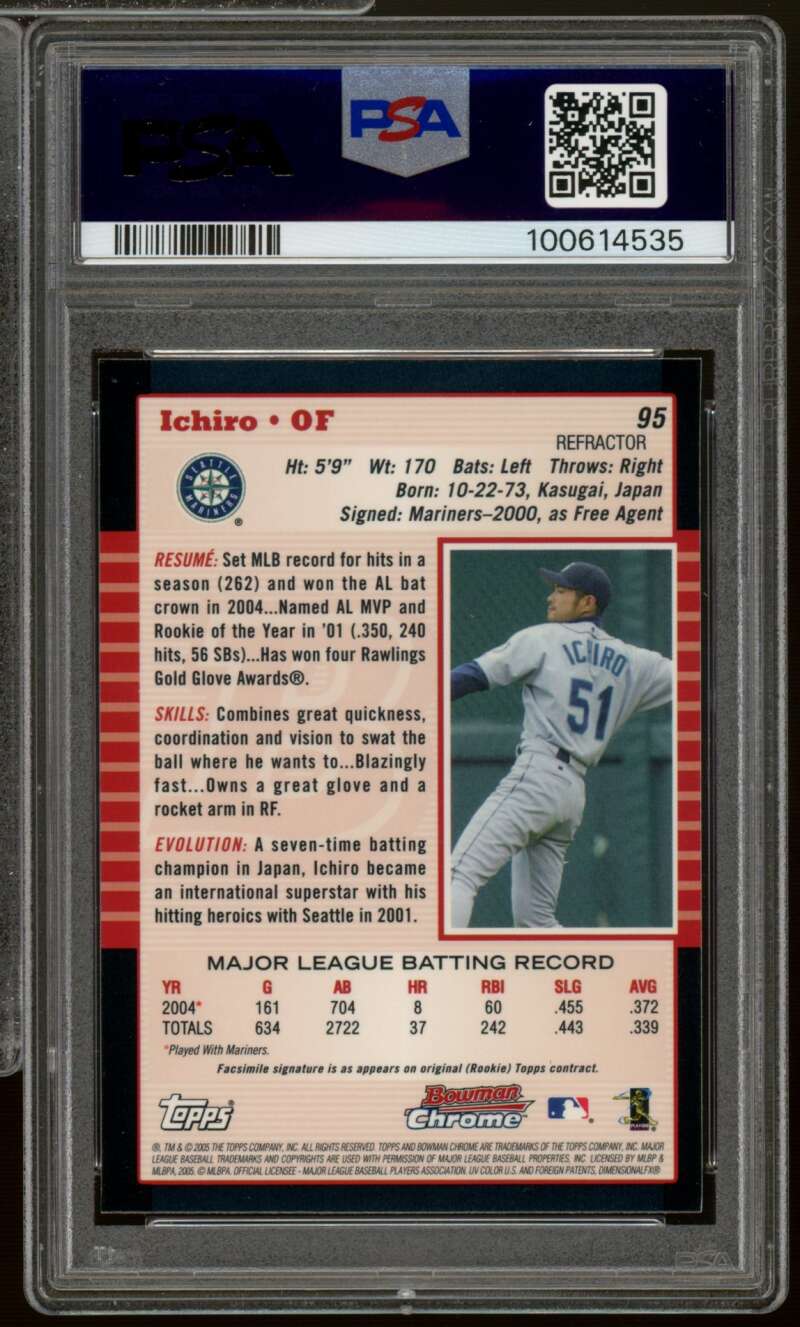 Ichiro Suzuki Card 2005 Bowman Chrome Refractor (pop 7) #95 PSA 9 Image 2