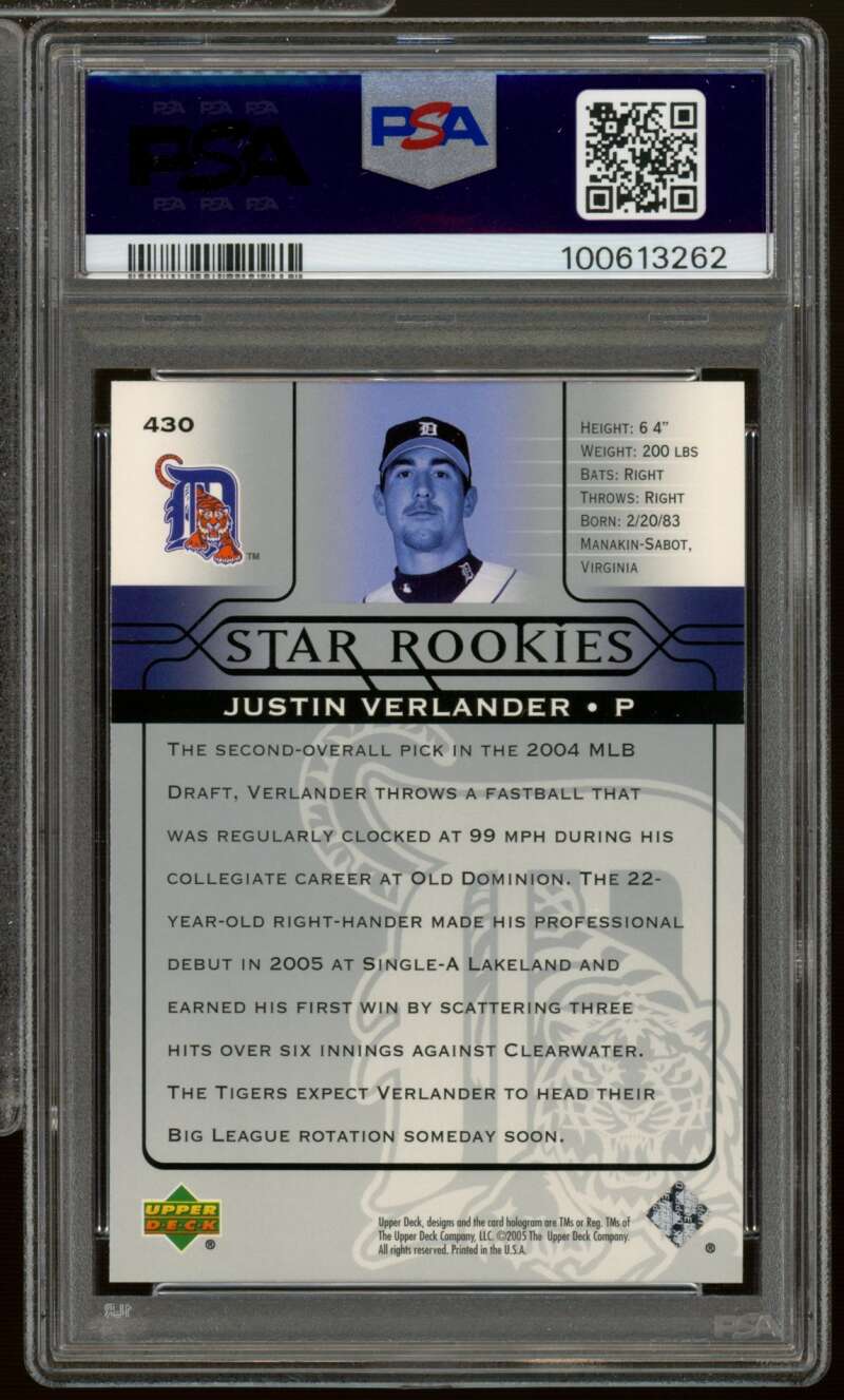 Justin Verlander Rookie Card 2005 Upper Deck #430 PSA 9 Image 2