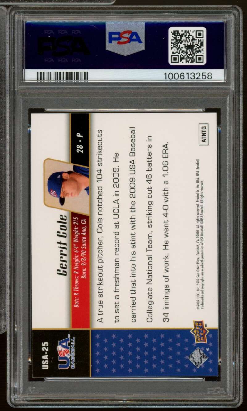 Gerrit Cole Rookie Card 2009 Upper Deck USA Baseball #USA25 PSA 9 Image 2