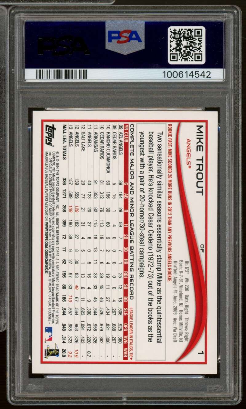 Mike Trout Card 2014 Topps No Sparkle On Cleat #1 PSA 10 Image 2