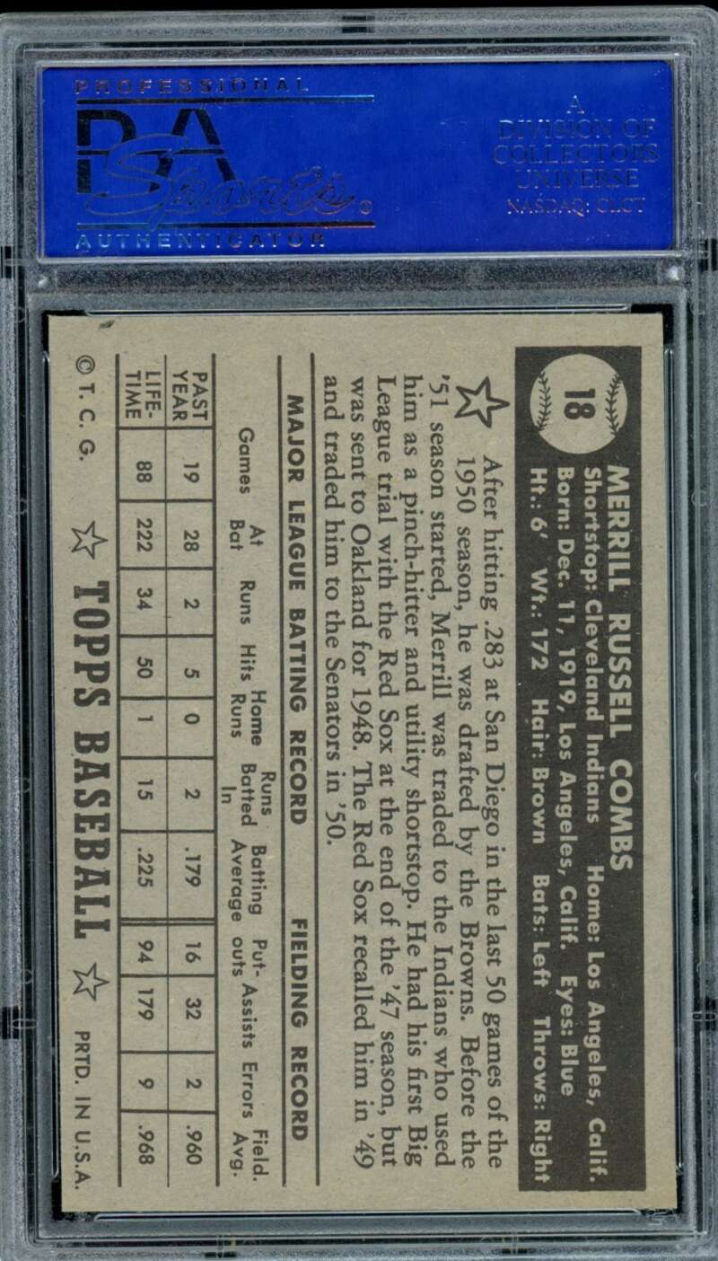 Merrill Combs Rookie Card 1952 Topps Black Back #18 PSA 8 Image 2