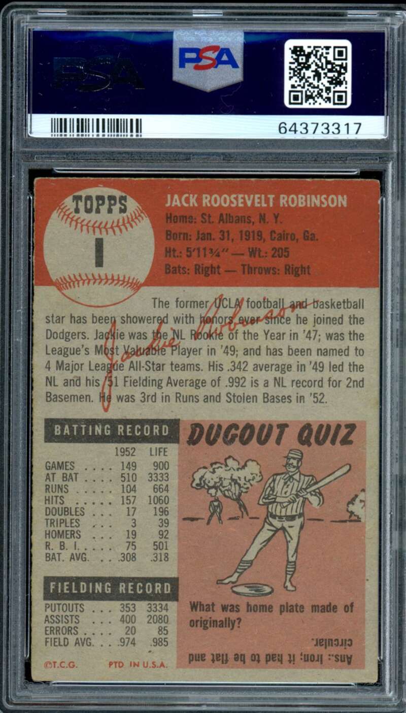 Jackie Robinson Card 1953 Topps #1 PSA 4 Image 2