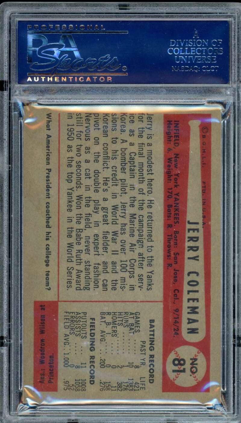 Jerry Coleman Card 1954 Bowman #81 (pop 2) PSA 8.5 Image 2