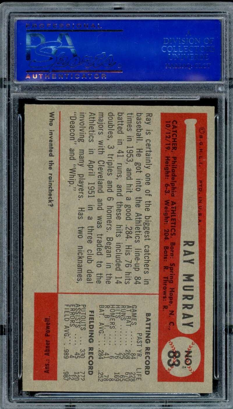 Ray Murray Card 1954 Bowman #83 PSA 8 Image 2