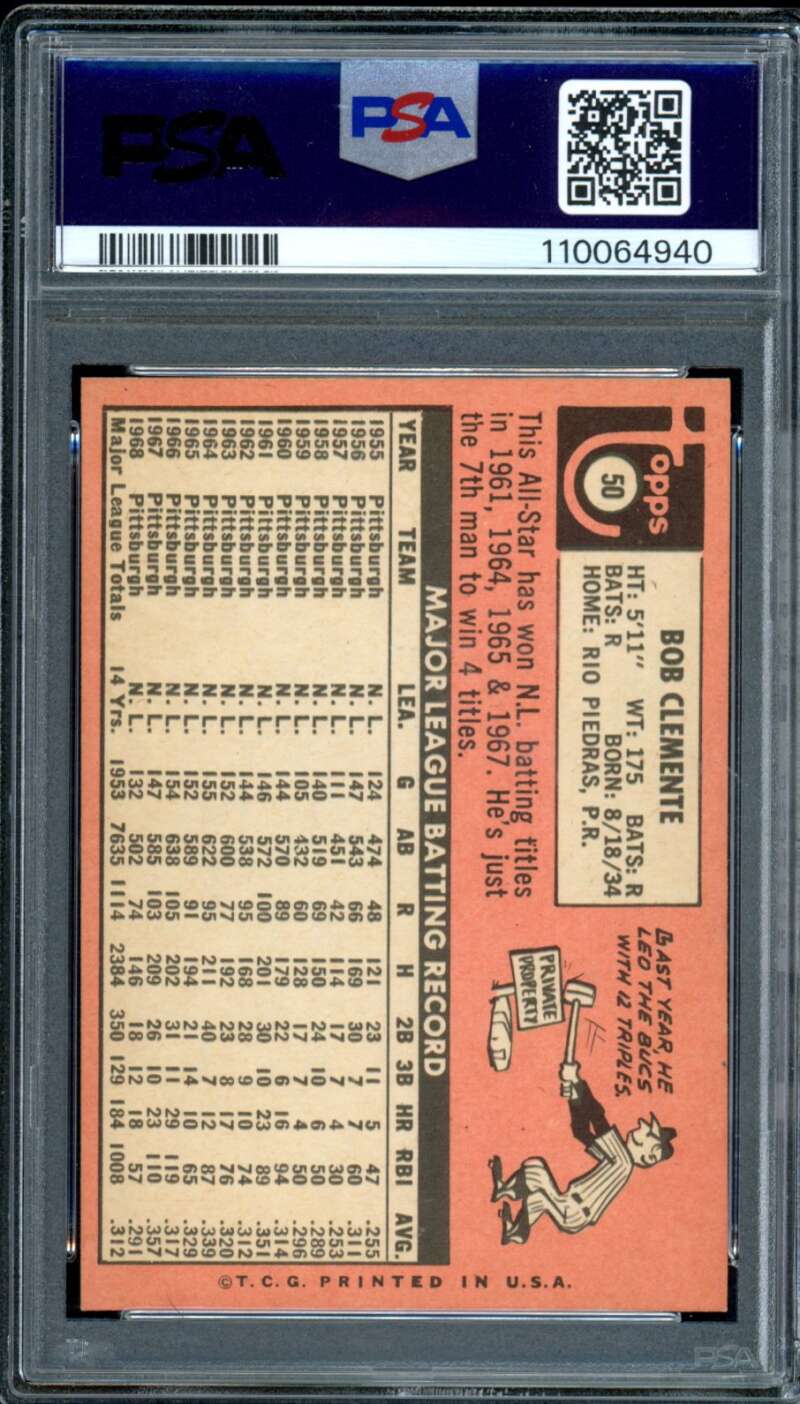Bob Clemente Card 1969 Topps #50 PSA 7 Image 2