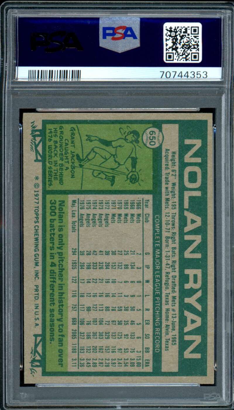 Nolan Ryan Card 1977 Topps #650 PSA 5 Image 2