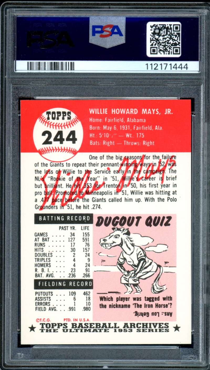 Willie Mays Card 1991 Topps Archives #244 PSA 9 Image 2