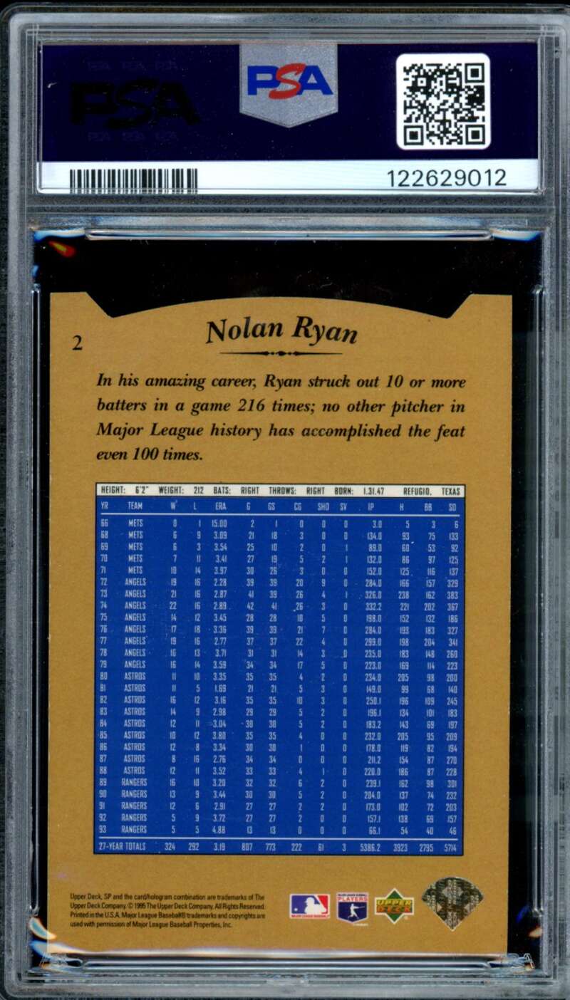 Nolan Ryan Card 1995 SP #2 PSA 9 Image 2