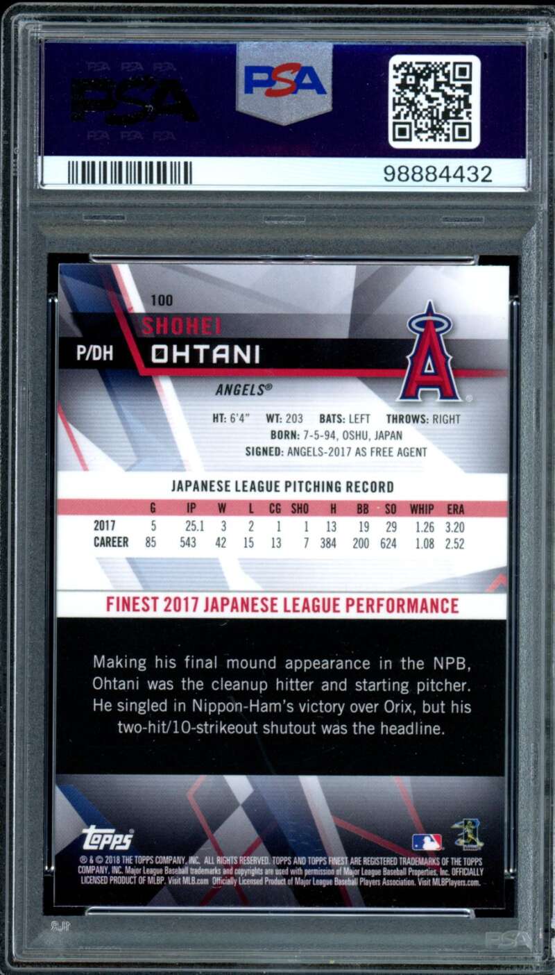 Shohei Ohtani Rookie Card 2018 Topps Finest #100 PSA 9 Image 2