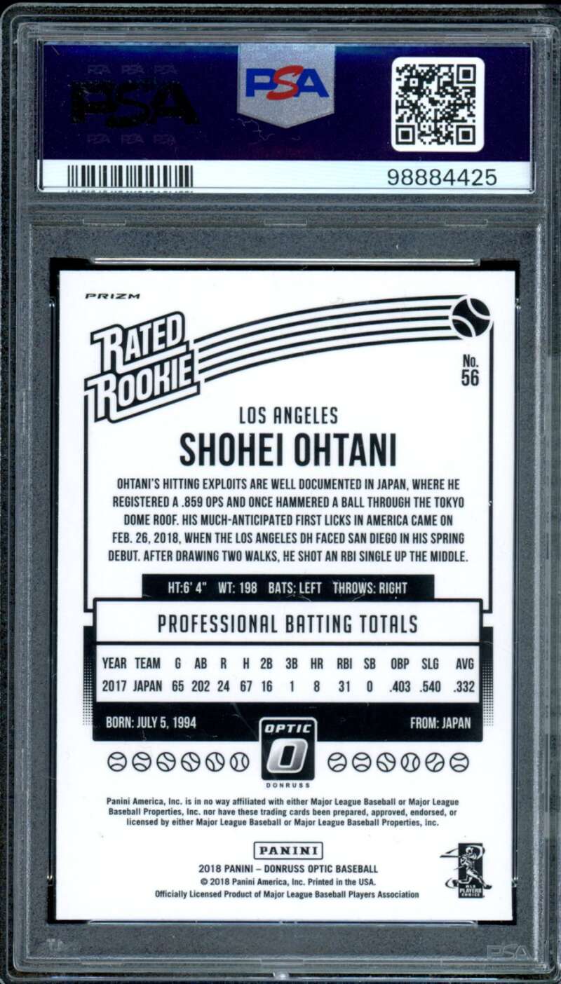 Shohei Ohtani Rookie Card 2018 Panini Donruss Optic #56 PSA 9 Image 2