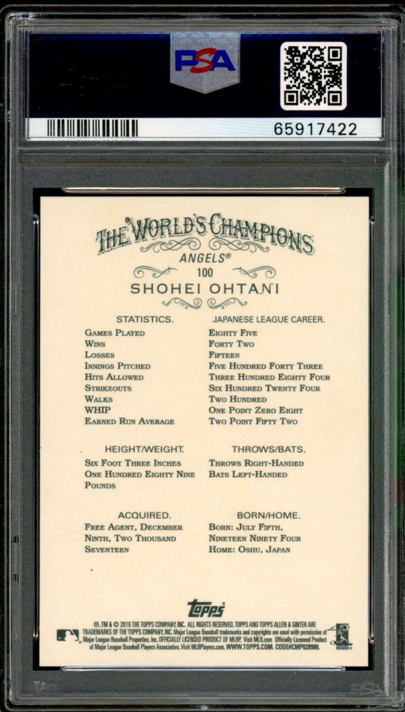 Shohei Ohtani Rookie Card 2018 Topps Allen Ginter #100 PSA 9 Image 2