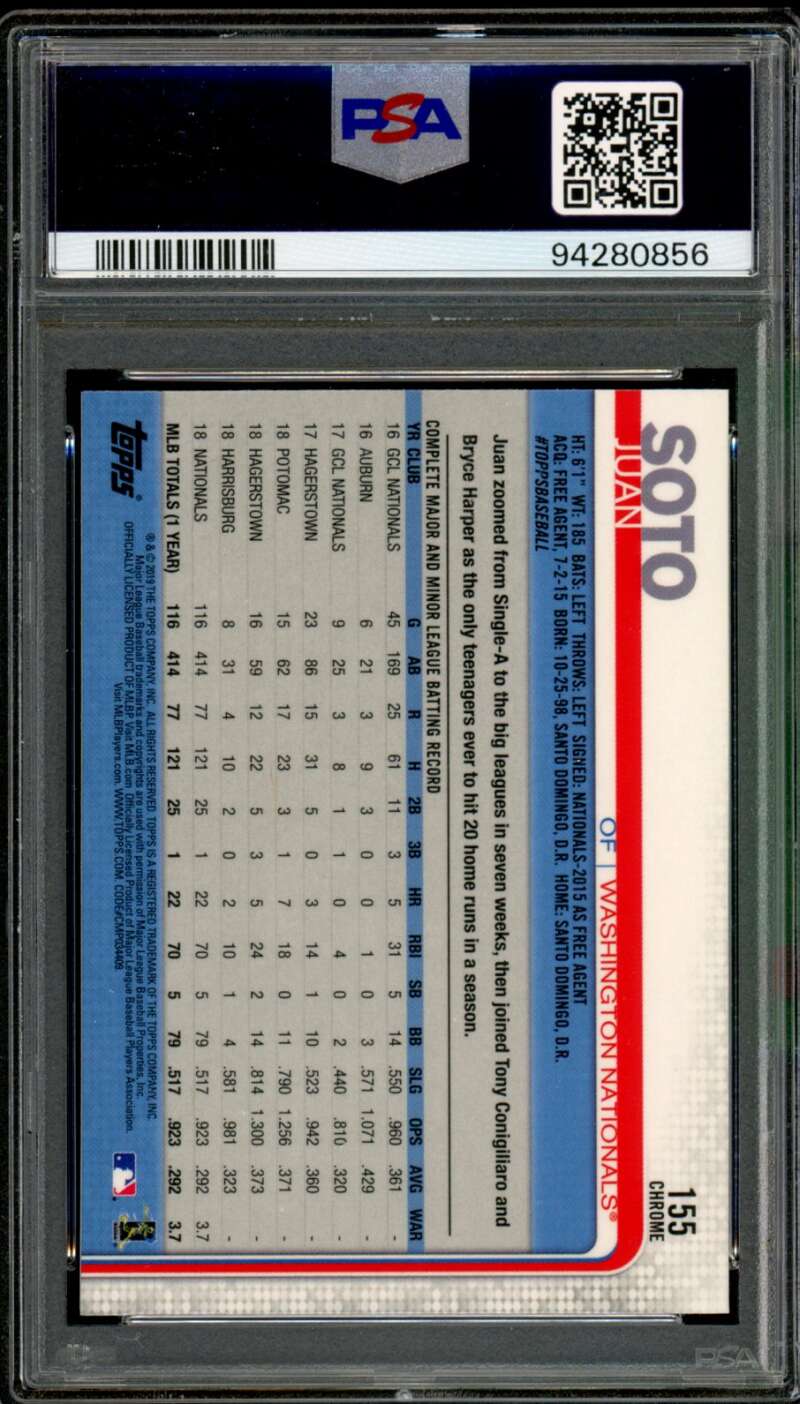 Juan Soto Card 2019 Topps Chrome Sliding Refractor #155 PSA 9 Image 2