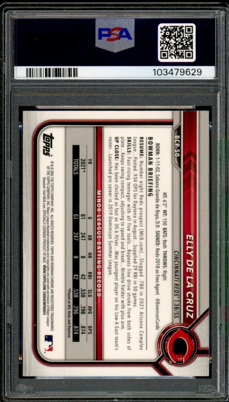 Elly De La Cruz Rookie Card 2022 Bowman Mega Box Chrome #50 PSA 10 Image 2