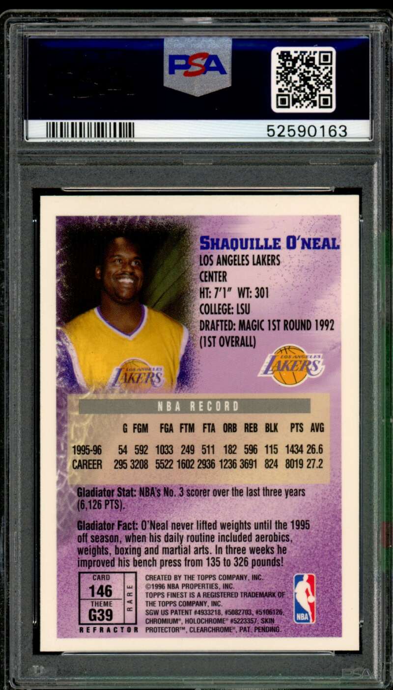 Shaquille O'Neal Card 1996-97 Finest Gold Refractor w/Coating #146 PSA 8 Image 2
