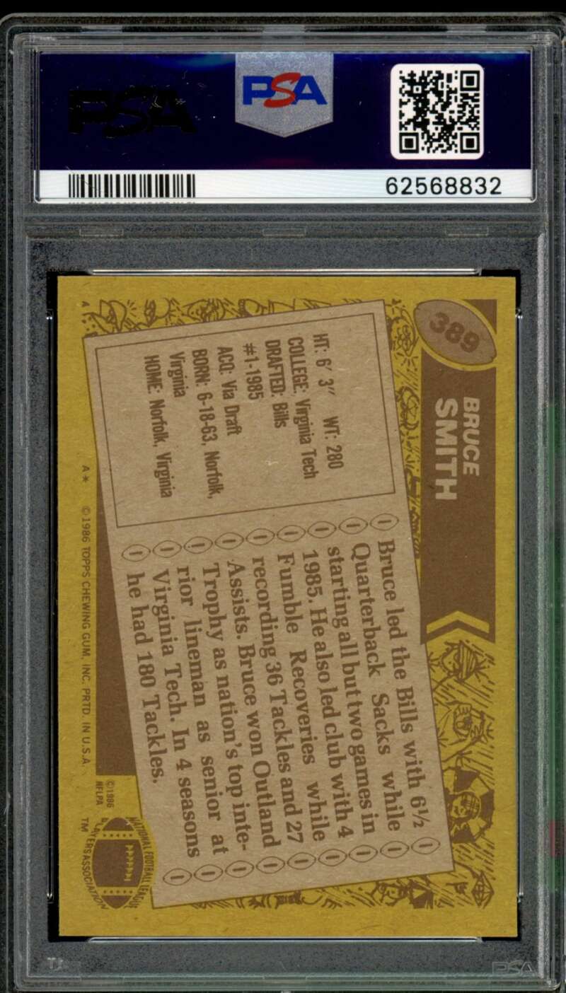 Bruce Smith Rookie Card 1986 Topps #389 PSA 8 Image 2
