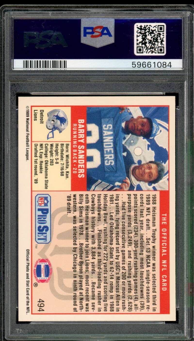 Barry Sanders Rookie Card 1989 Pro Set #494 PSA 10 Image 2