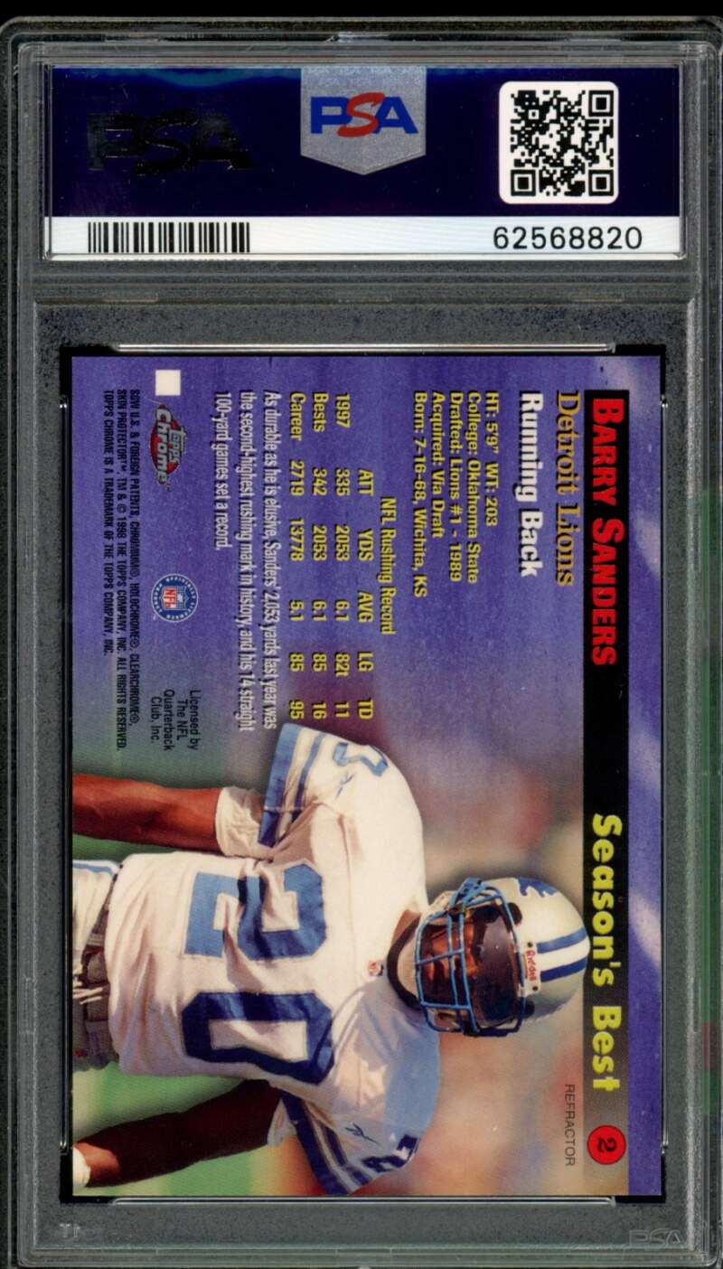 Barry Sanders Card 1998 Topps Chrome Season's Best Refractor #2 PSA 9 Image 2