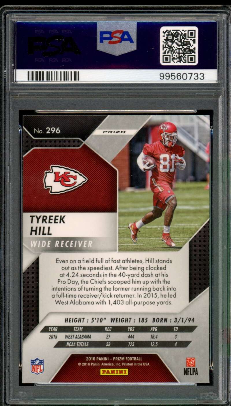 Tyreek Hill Rookie Card 2016 Panini Prizm #296 PSA 10 Image 2