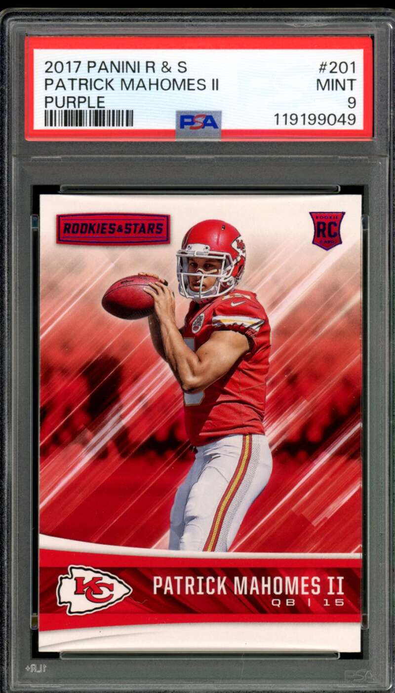 Patrick Mahomes Rookie Card 2017 Panini RS Purple #201 PSA 9 Image 1