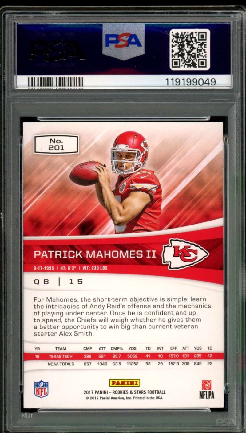 Patrick Mahomes Rookie Card 2017 Panini RS Purple #201 PSA 9 Image 2