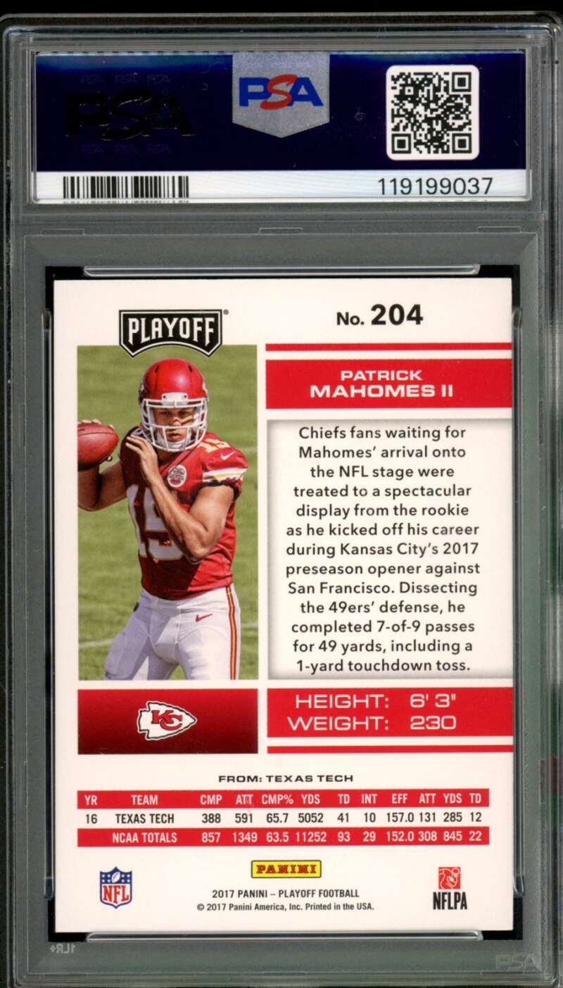 Patrick Mahomes Rookie Card 2017 Panini Playoff #204 PSA 9 Image 2