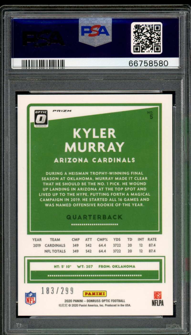 Kyler Murray Card 2020 Panini Donruss Optic Aqua #5 PSA 10 Image 2