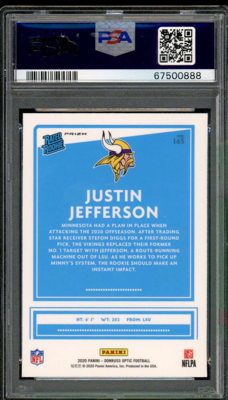 Justin Jefferson Rookie Card 2020 Panini Donruss Optic Holo #163 PSA 9 Image 2