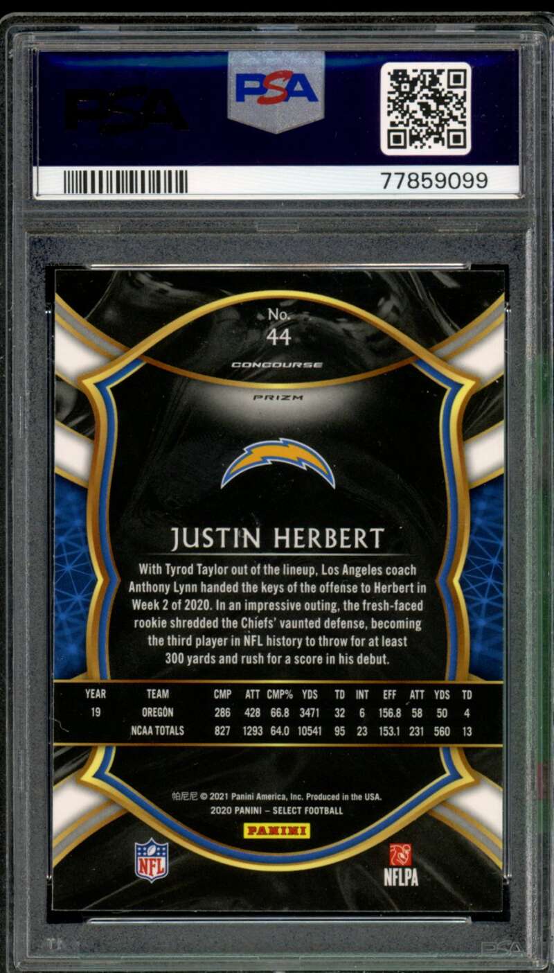 Justin Herbert Rookie Card 2020 Panini Select Silver Prizm #44 PSA 10 Image 2