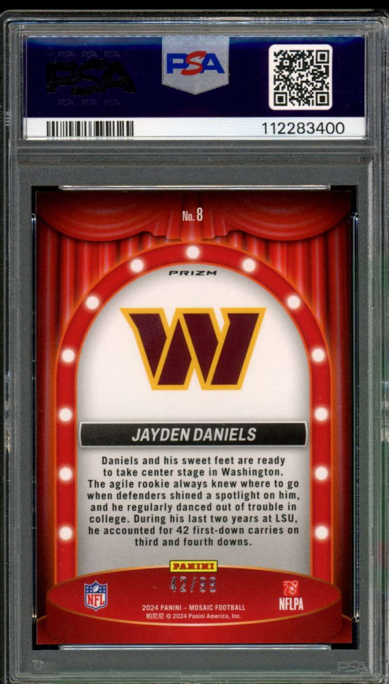 Jayden Daniels Rookie Card 2024 Mosaic Center Stage Blue (42/99) #8 PSA 10 Image 2