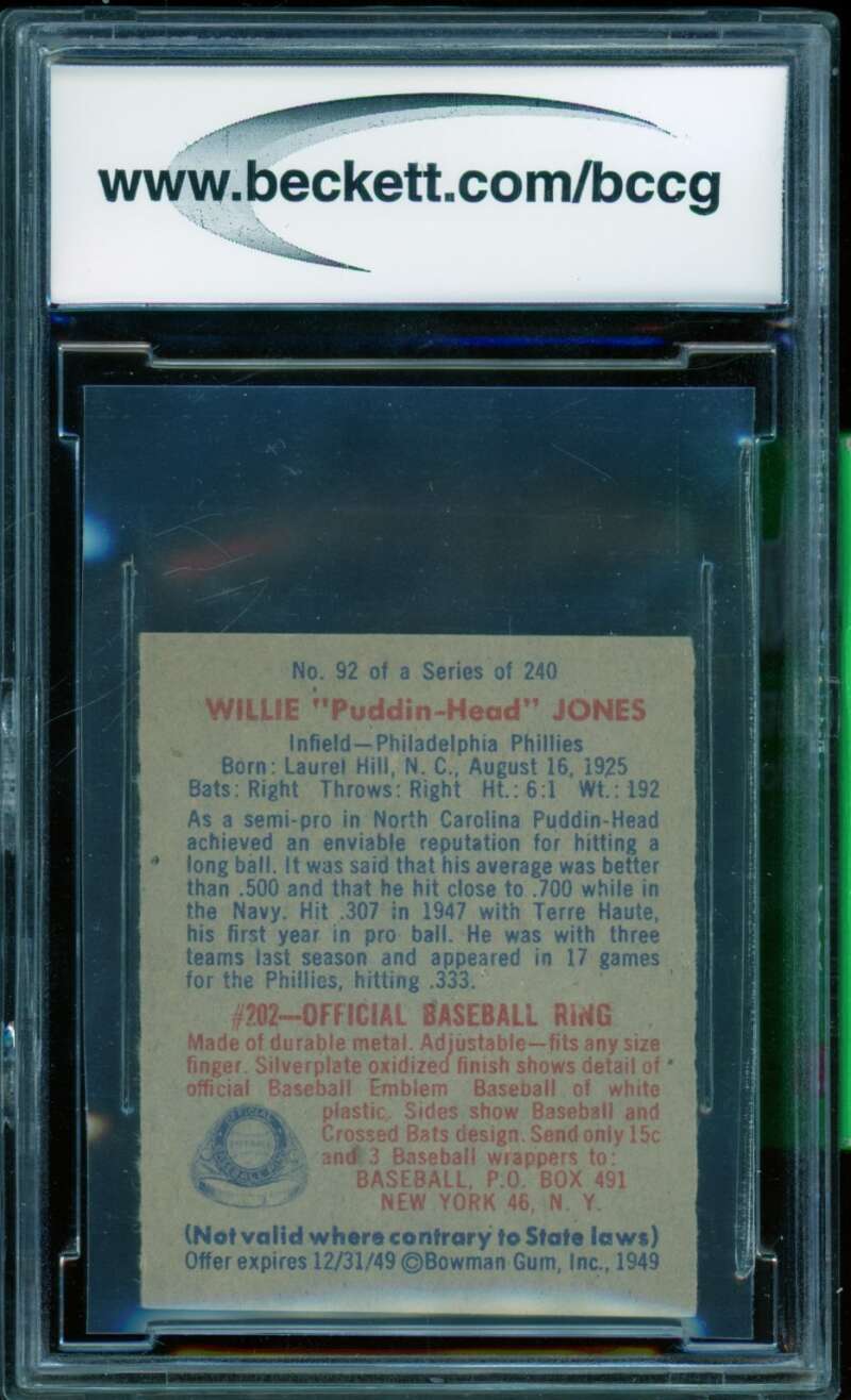 Willie Jones Card 1949 Bowman #92 BGS BCCG 8 Image 2