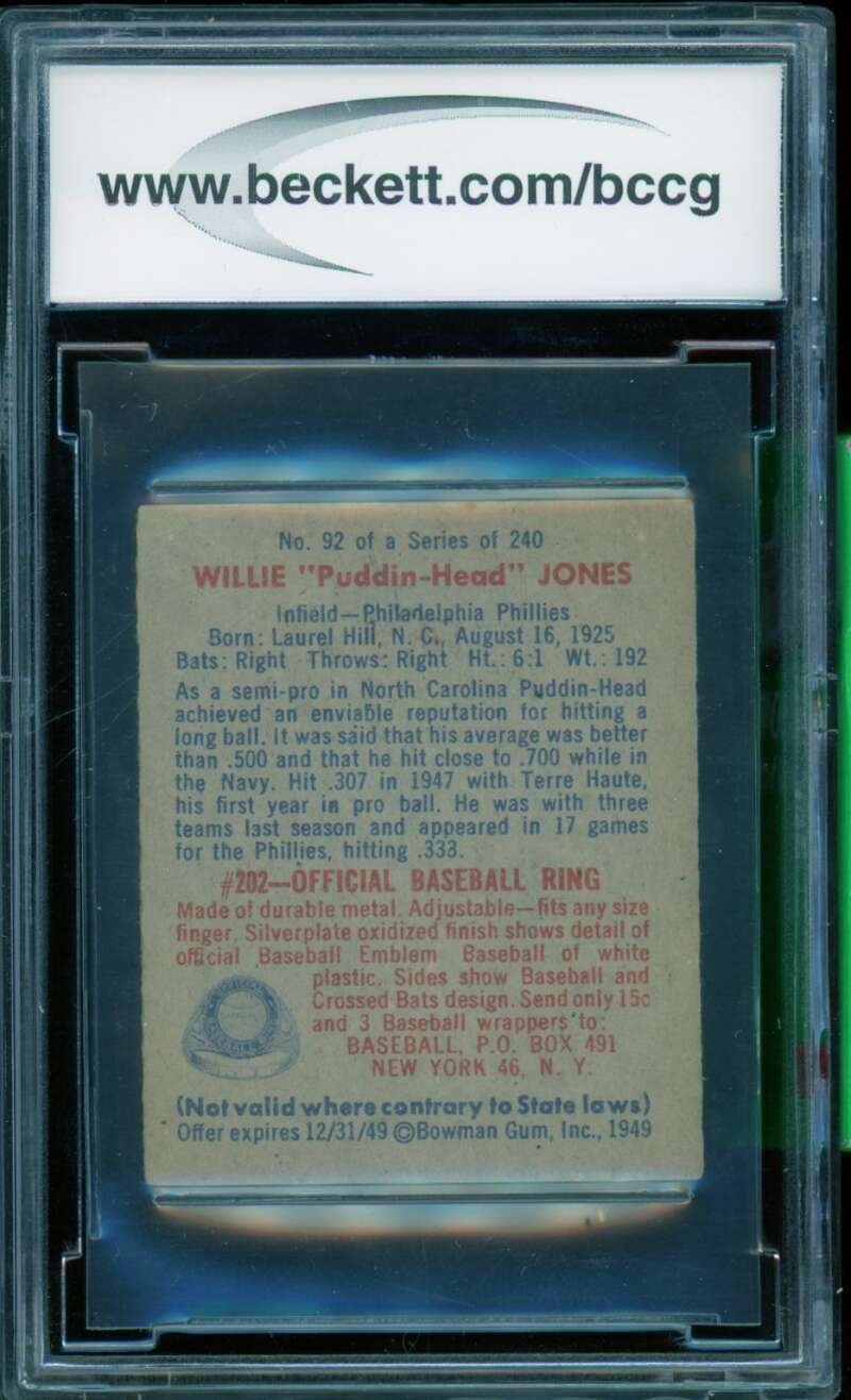 Willie Jones Card 1949 Bowman #92 BGS BCCG 8 Image 2