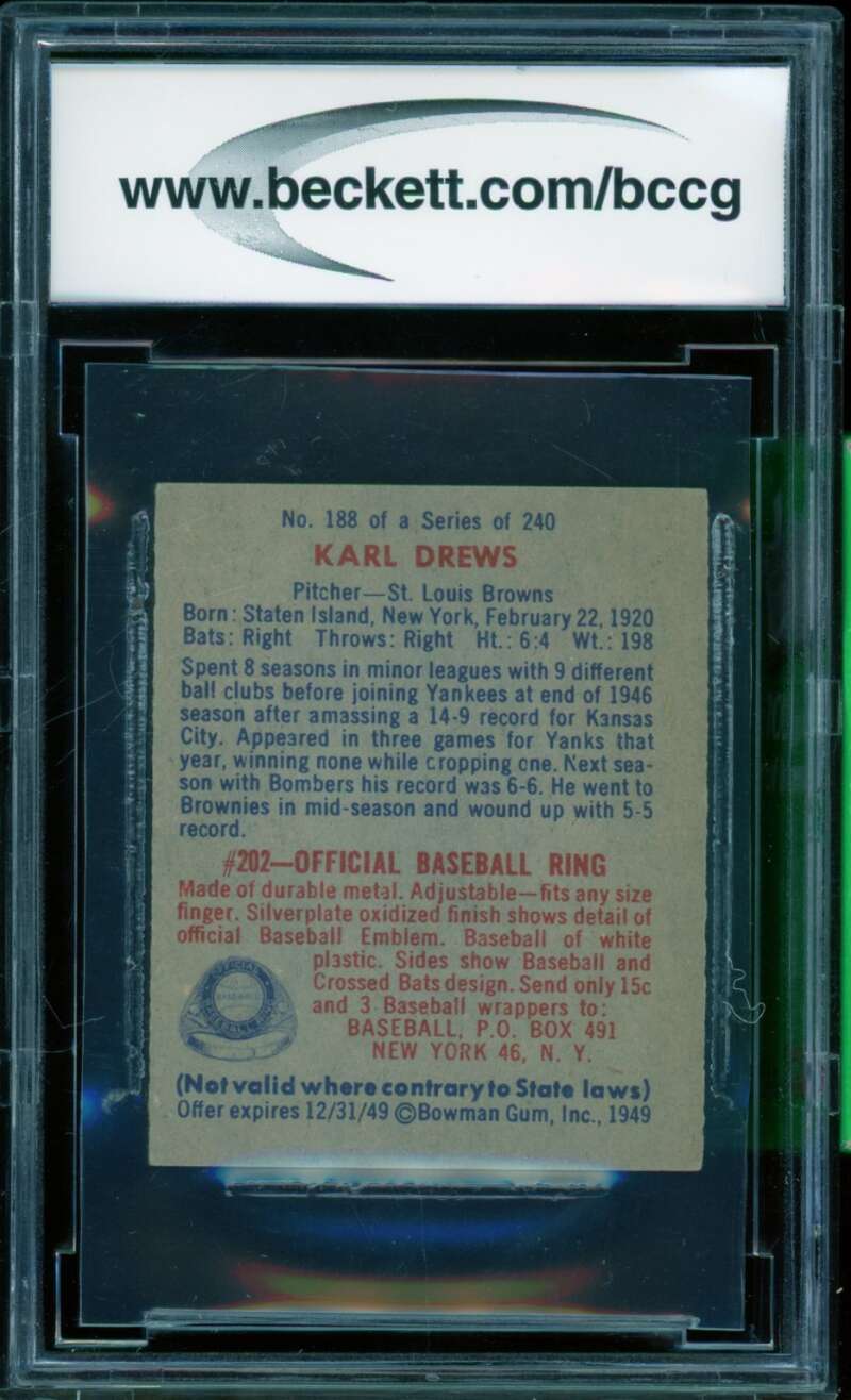 Karl Drews Card 1949 Bowman #188 BGS BCCG 8 Image 2