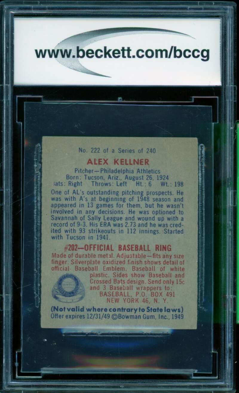 Alex Kellner Card 1949 Bowman #222 BGS BCCG 8 Image 2