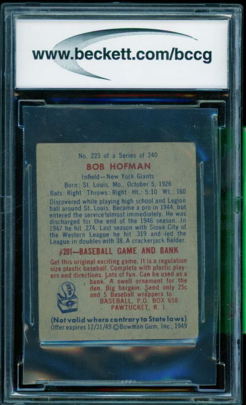 Bobby Hofman Card 1949 Bowman #223 BGS BCCG 8 Image 2