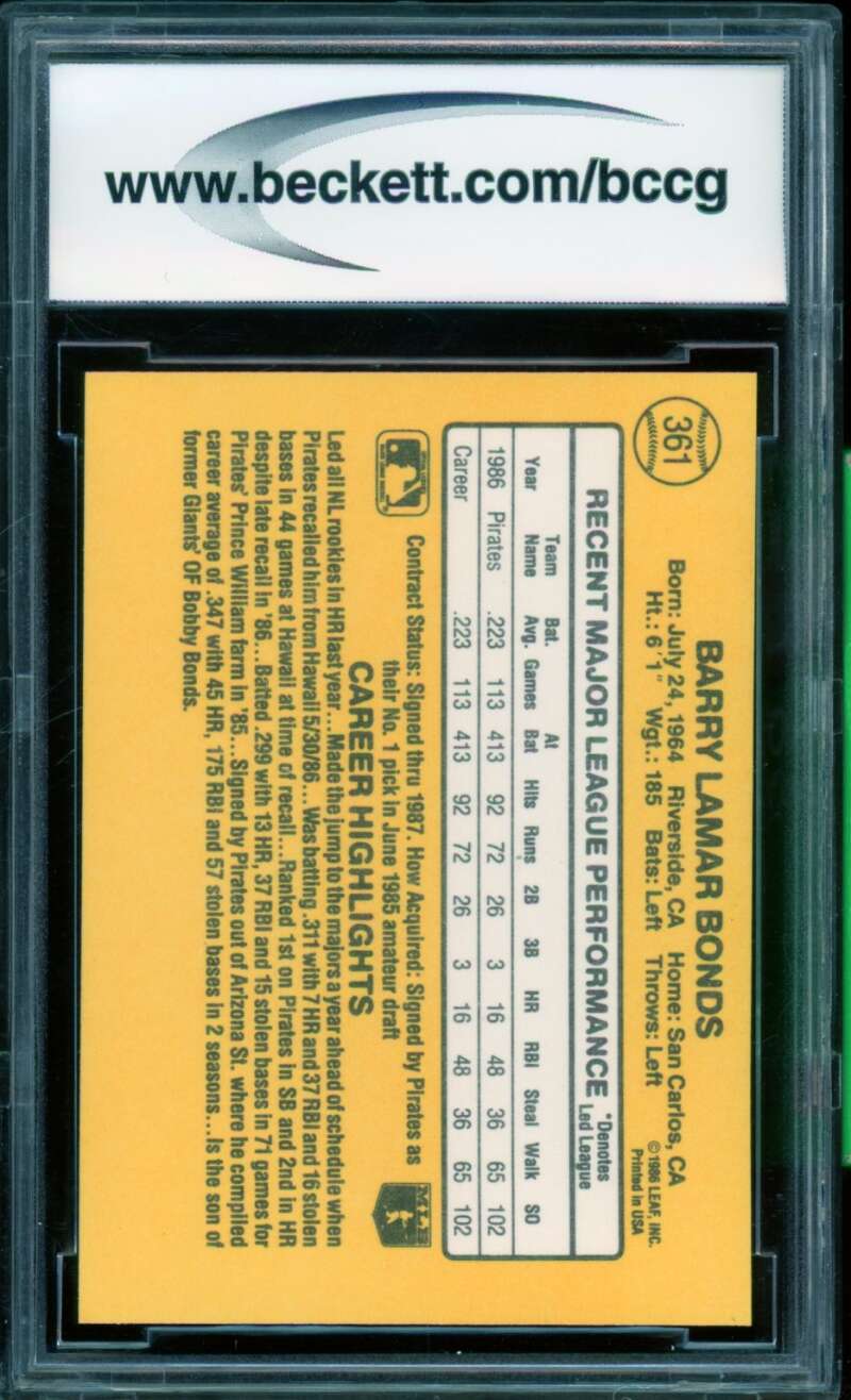 Barry Bonds Rookie Card 1987 Donruss #361 BGS BCCG 9 Image 2