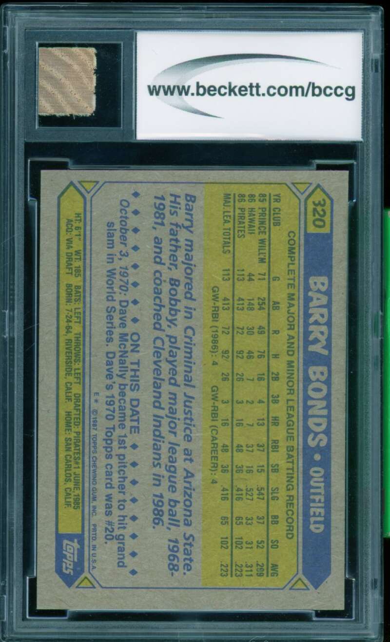 Barry Bonds Rookie Card 1987 Topps Game Used Bat #320 BGS BCCG 8 Image 2