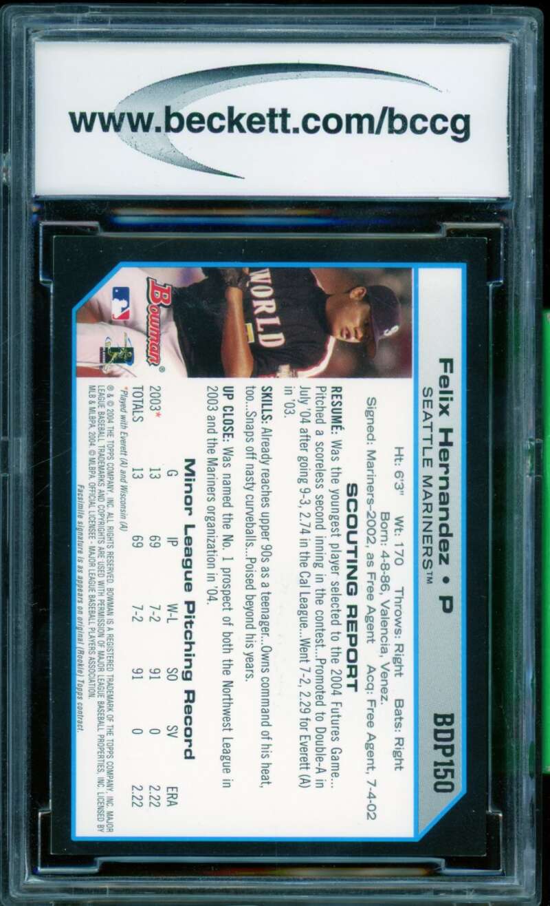 Felix Hernandez Rookie Card 2004 Bowman Draft Jersey Relics #BDP150 BGS BCCG 10 Image 2
