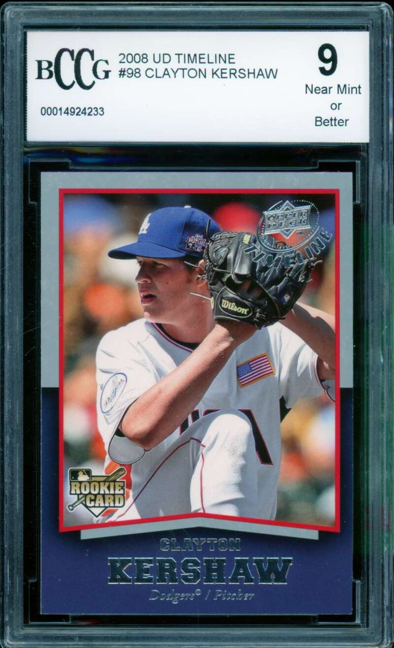 Clayton Kershaw Rookie Card 2008 Upper Deck Timeline #98 BGS BCCG 9 Image 1