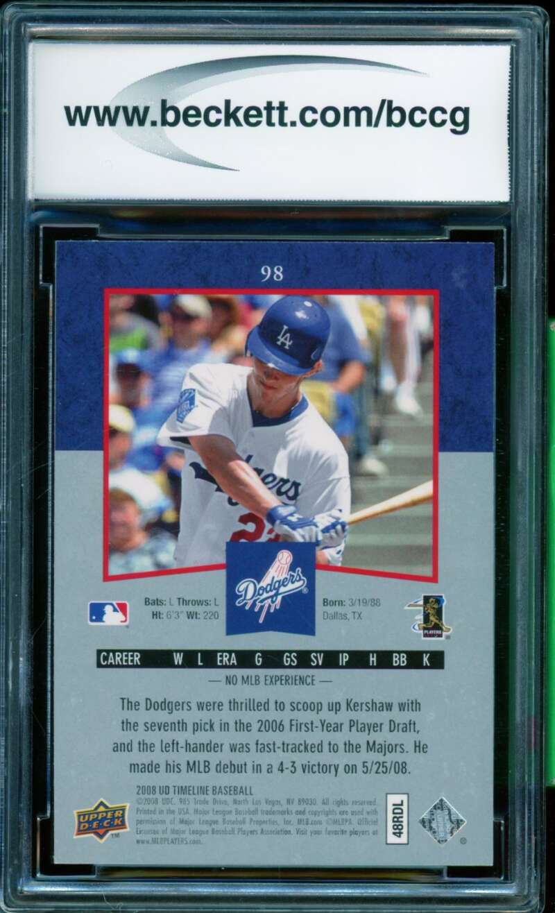 Clayton Kershaw Rookie Card 2008 Upper Deck Timeline #98 BGS BCCG 9 Image 2